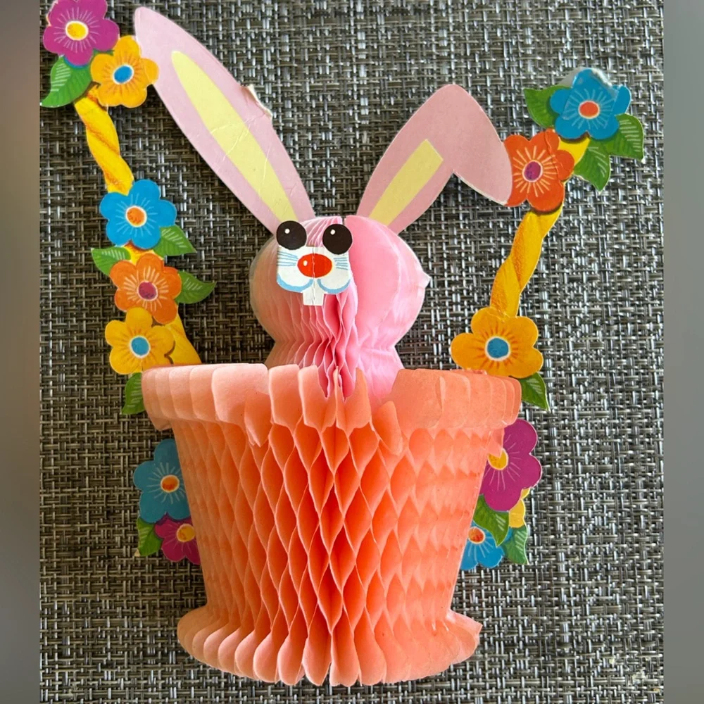 Vintage Easter Honeycomb Pink Balloon Bunny  Decoration Made in Denmark Lot of 2